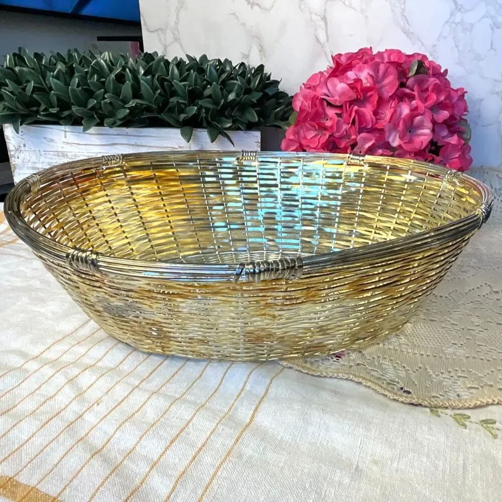 Vintage Silver Plated Metal Basket; oval serving basket MCM